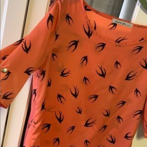 Janette Girls Coral Tunic with Black Sparrow Bird Pattern, Sz Small - Picture 2 of 3